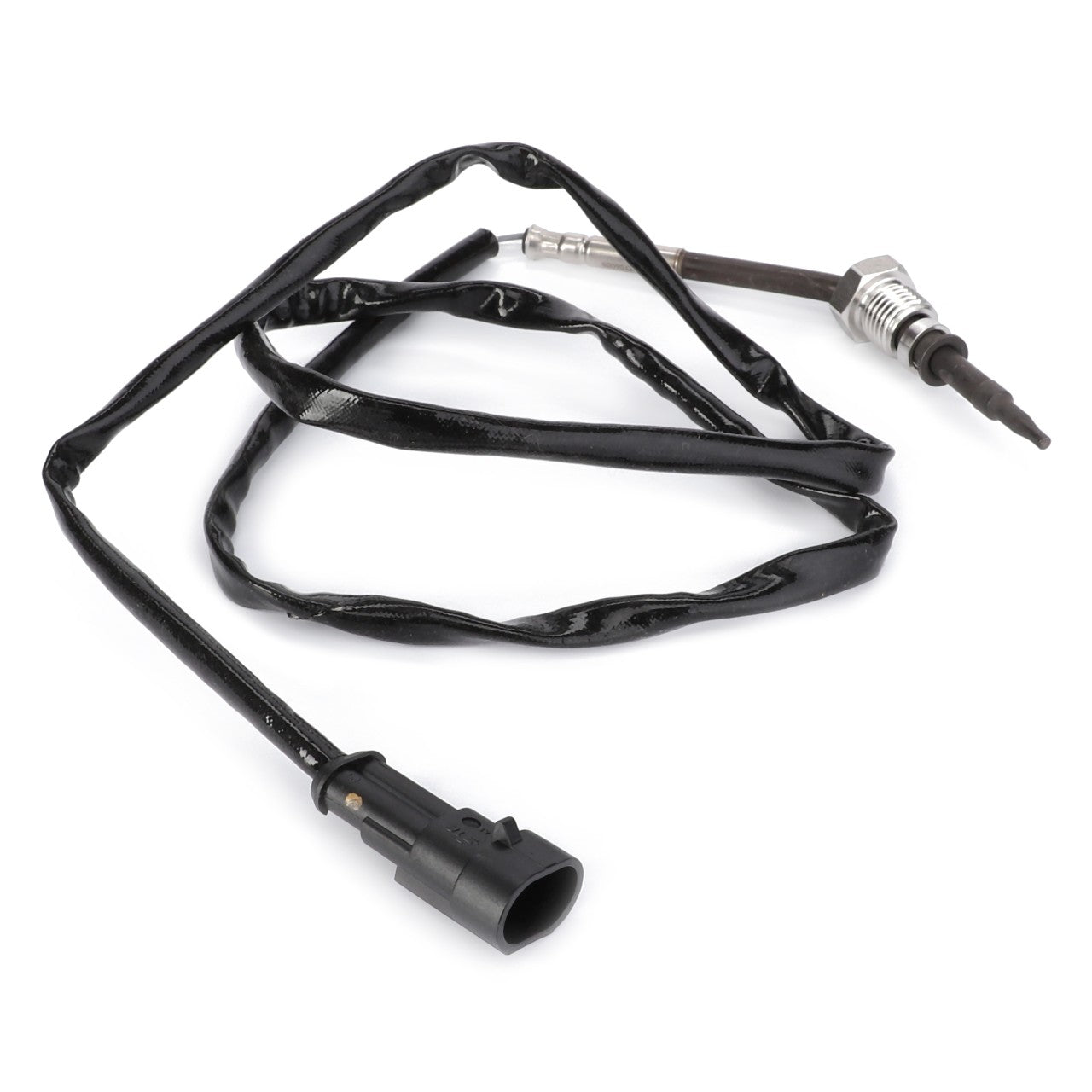 A close-up of the AGCO Temperature Sensor - V837084096, featuring a long, black electrical cable with a connector plug on one end and the sensor probe on the other, commonly used in Fendt Models.