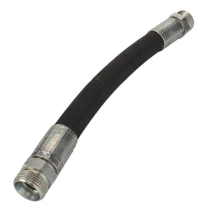 The AGCO | Hydr. Hose - Acw094118A, a black, flexible hose featuring metallic threaded connectors on both ends, is designed for fluid or gas transfer. Note: No current product description information is available.