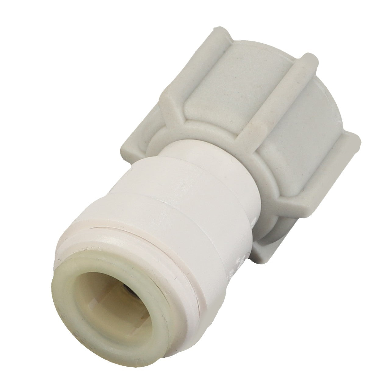 Close-up of an AGCO | Connection - Acm4100196 white plastic pipe connector with a hexagonal base and a cylindrical body, showcasing its efficient design for optimal function.