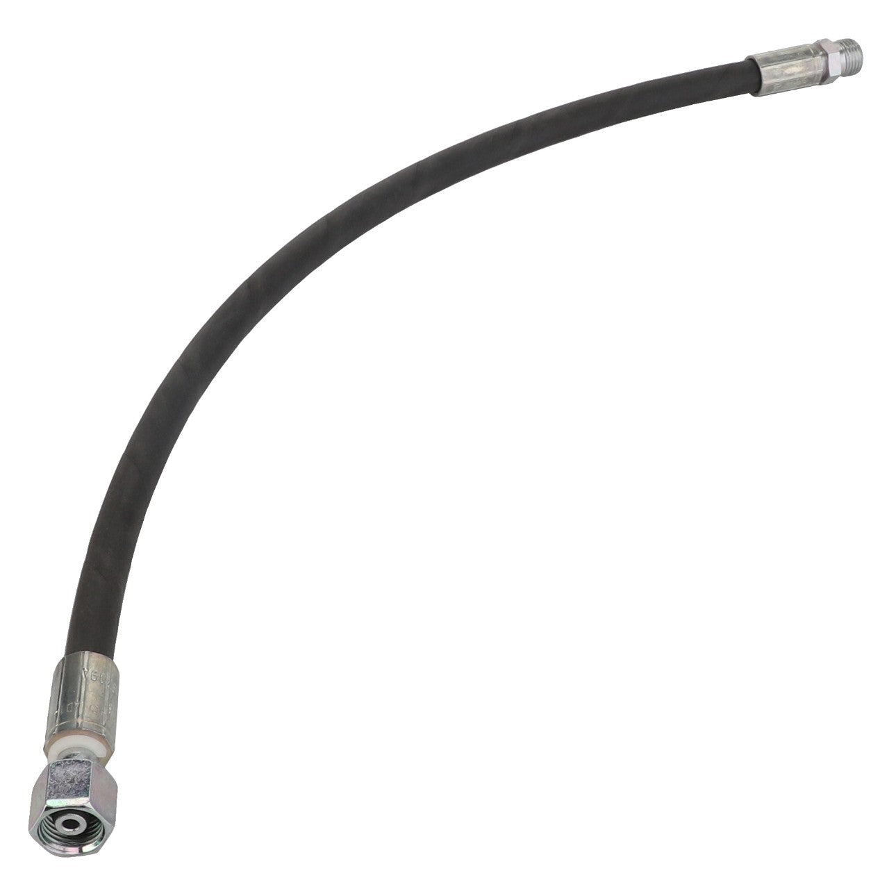 The AGCO Hydr. Hose - Acw069709A is a flexible black hydraulic hose with metal fittings on both ends, expertly designed for transferring fluids under high pressure.