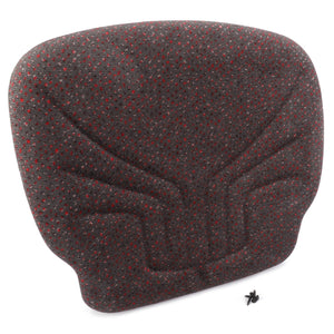 A Massey Ferguson padded, dark grey fabric backrest with a subtle red dot pattern is displayed upright with a small black screw placed in front of it, perfect for complementing seat cushions. This product is identified as Cushion, Seat, Massey Ferguson - 3907173M1 by AGCO.