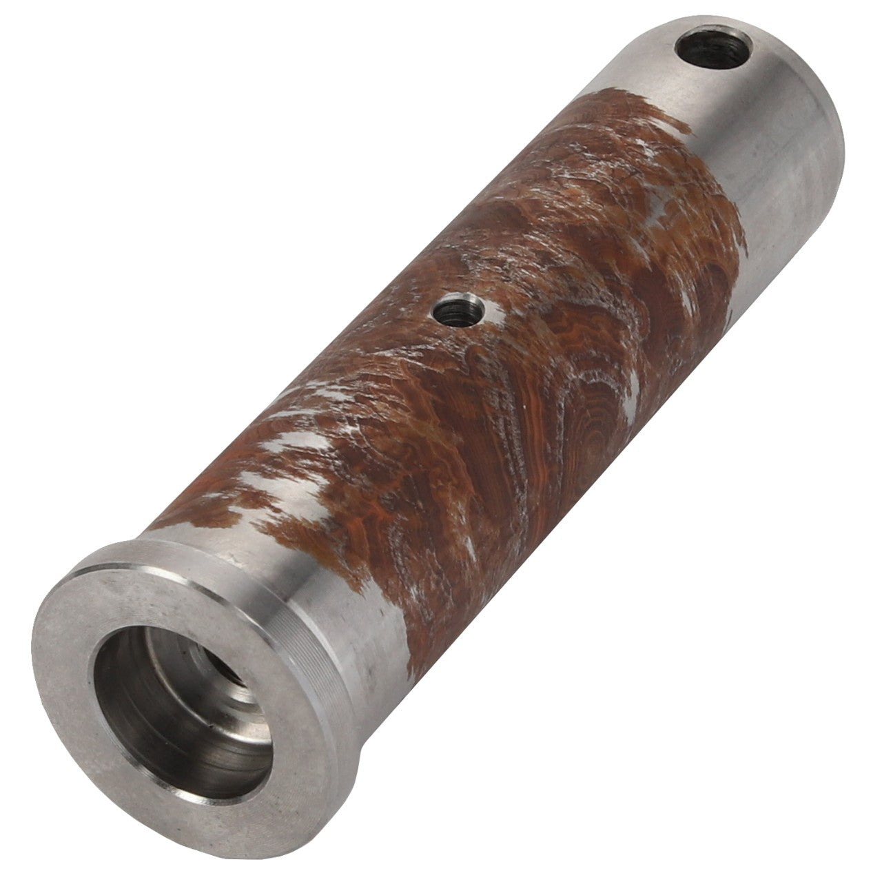 The AGCO Shaft - Al522491 is a cylindrical metal component exhibiting rust and corrosion, designed with two holes along its length and a larger opening at one end. Currently, there is no detailed product description available.