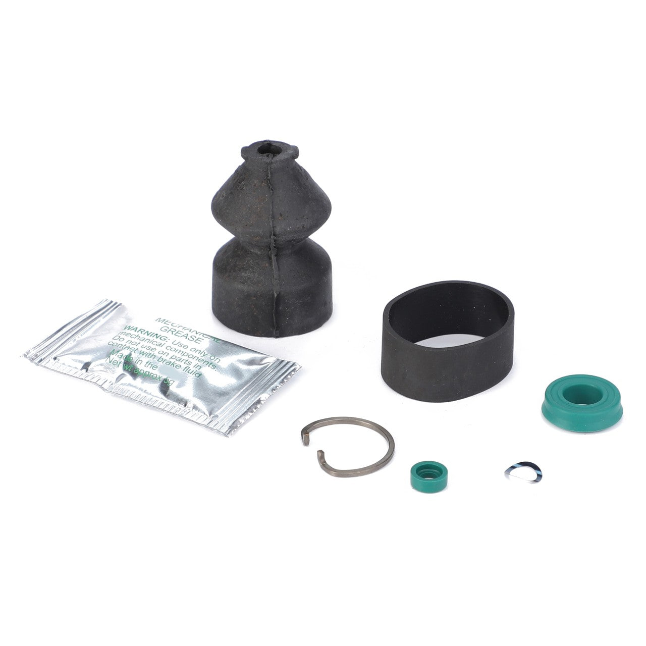 The AGCO Repair Kit, Master Cylinder - 1810834M91 includes a rubber boot, a black cylinder, a small teal ring, a metal ring, a packet of grease, and a small metal washer—perfect for Massey Ferguson clutch repair with Genuine AGCO Parts.