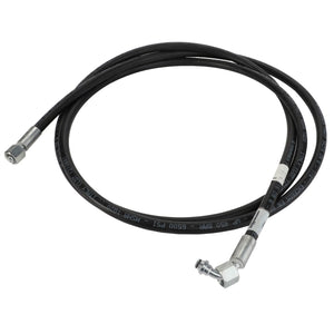 An AGCO COOLER Hydraulic Hose (model ACP0533560) featuring a sleek black exterior with silver metal fittings, meticulously coiled for optimal storage.