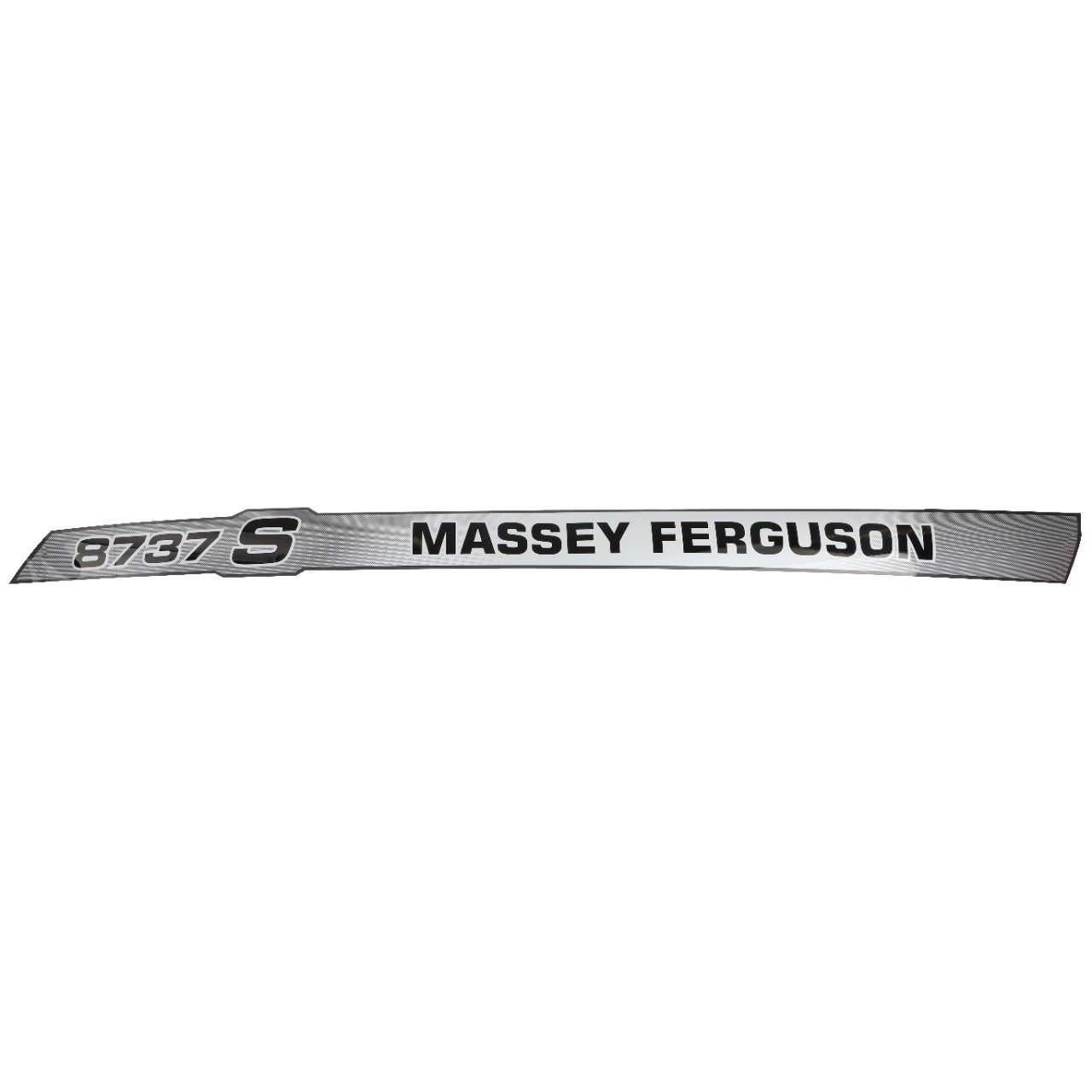 A metallic AGCO nameplate with "MASSEY FERGUSON 8737 S" text in black on a gray and white background, identified as Decal - Acw3729690. No current product description information is available.