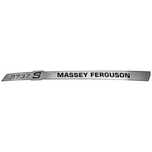 A metallic AGCO nameplate with "MASSEY FERGUSON 8737 S" text in black on a gray and white background, identified as Decal - Acw3729690. No current product description information is available.