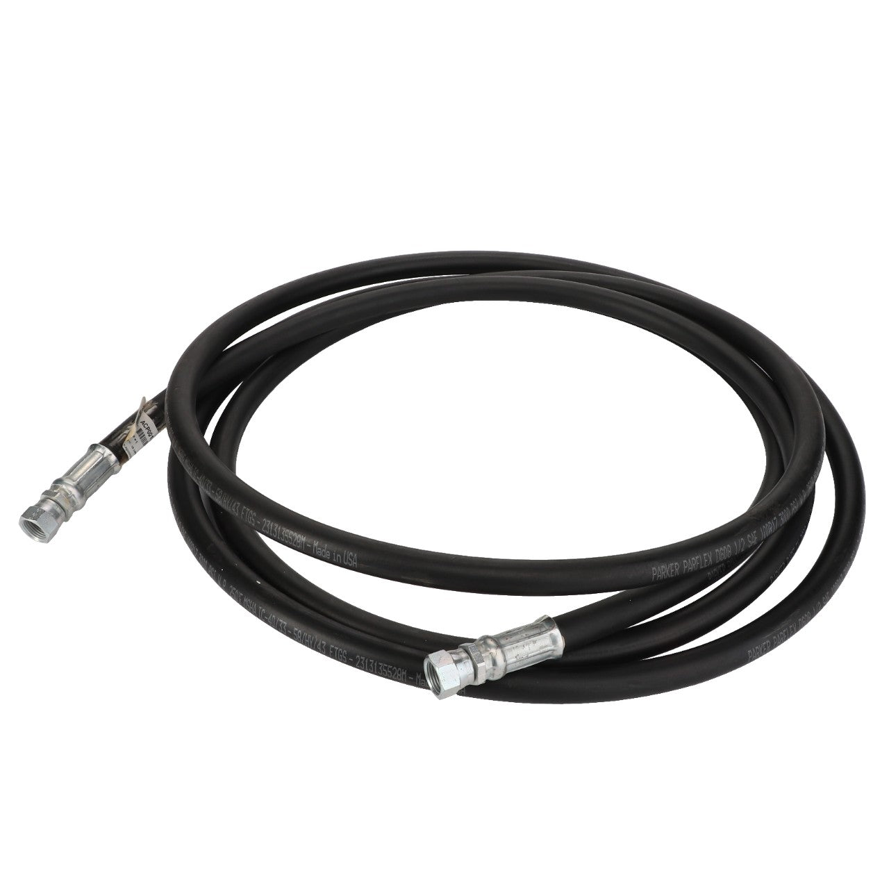 The AGCO | Hydraulic Hose - Acp0012500 is a coiled black rubber hose featuring metal connectors at both ends. No current product description available.