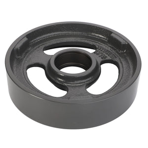 Take a close look at the AGCO Idler Pulley (La300015561), constructed from heavy-duty cast iron. This component features a central hole and three elongated slots, tailored for industrial machinery or mechanical applications. The wheel is dark grey with a smooth, polished surface, embodying both durability and precision. Note: No current product description available for this item.