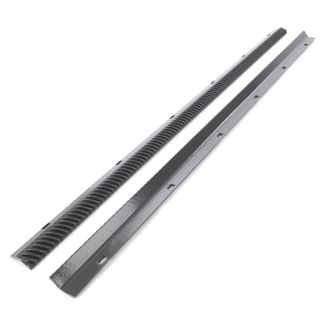 Product Description: The AGCO Pair Of Bars - La313241700 includes two black metal linear racks from the AGCO brand. One rack has a gear-toothed design, while the other is smooth with evenly spaced holes. No further product description is currently available.