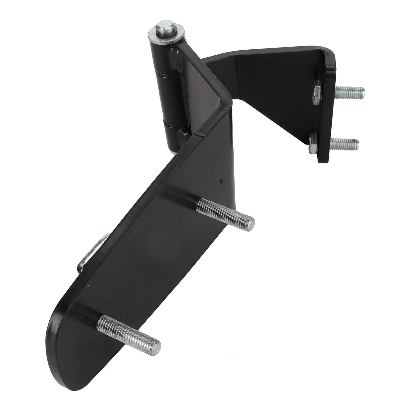 Image of the AGCO | Hinge - Acp0423460, a black metal hinge bracket from AGCO featuring three protruding bolts and a pin joint at the top. The bracket is designed for heavy-duty use and has a 90-degree angle configuration. No current product description available.