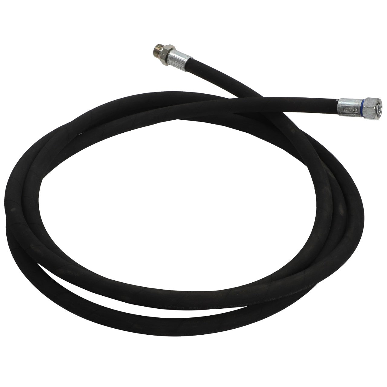 A coiled AGCO black rubber hose, model Acp0294580, featuring metal connectors at both ends, is displayed prominently against a pristine white background.