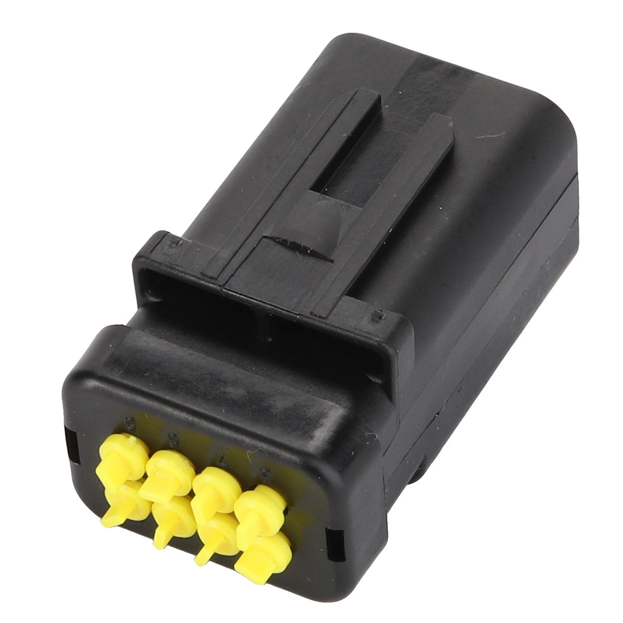 Introducing the AGCO Cap - Acw5178550, a black and yellow electrical connector featuring six terminals, ideal for use in electronic devices. The casing is black with internal prongs that are yellow, aligning with its distinct design specifications.