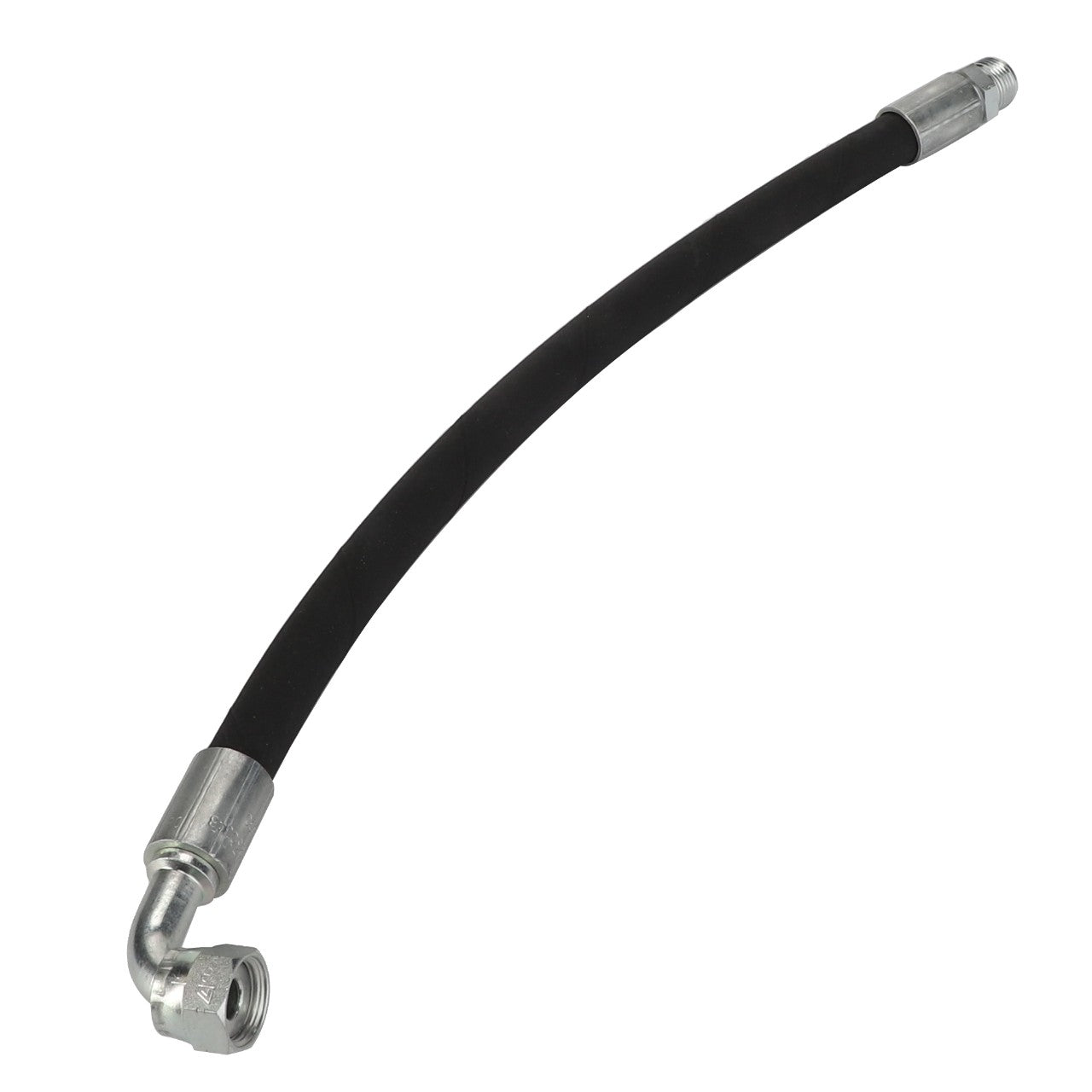 The AGCO | Hydraulic Hose - Acw2338590 is a flexible black rubber hose featuring two metal connectors: one angled, one straight. It is designed for durability and easy installation.