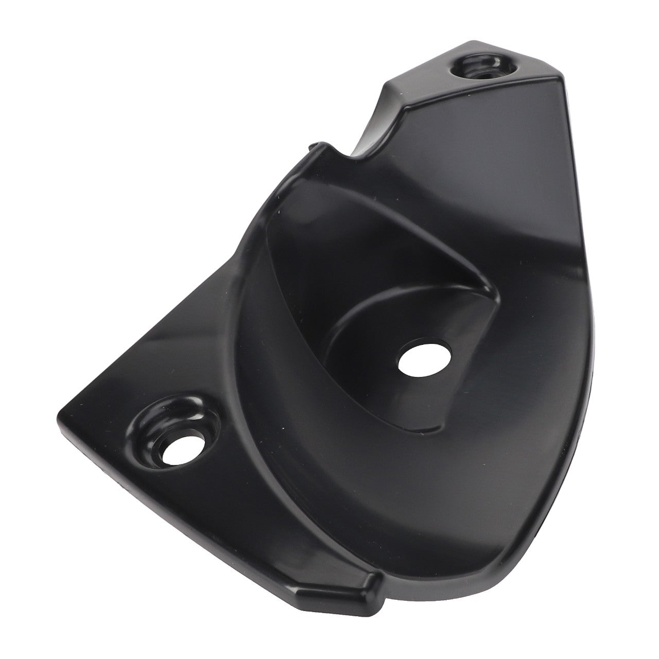 No current product description information is available for the AGCO | Cover - Acw0645100 black plastic bracket, which features three holes for mounting purposes and boasts angular lines with curved edges.