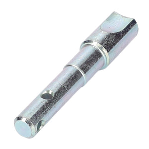 The Fendt - Locking Bolt - F716921050050 by AGCO is a metal pin with two circular holes, a conical tip, and a slightly rough surface, often utilized in MF Models.