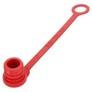 Introducing the AGCO CAP - D45147800, a red plastic dust cap with a ring handle, perfect for covering and protecting the ends of various fittings. Featuring a threaded section and a flexible strap connected to the ring, this durable accessory ensures your equipment stays clean and uncontaminated. Brought to you by AGCO.