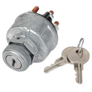 The AGCO IGNITION SWITCH - AG520862 is a durable metal switch featuring two attached keys on a keyring, multiple terminals for secure electrical connections, and a reliable cylindrical lock mechanism.