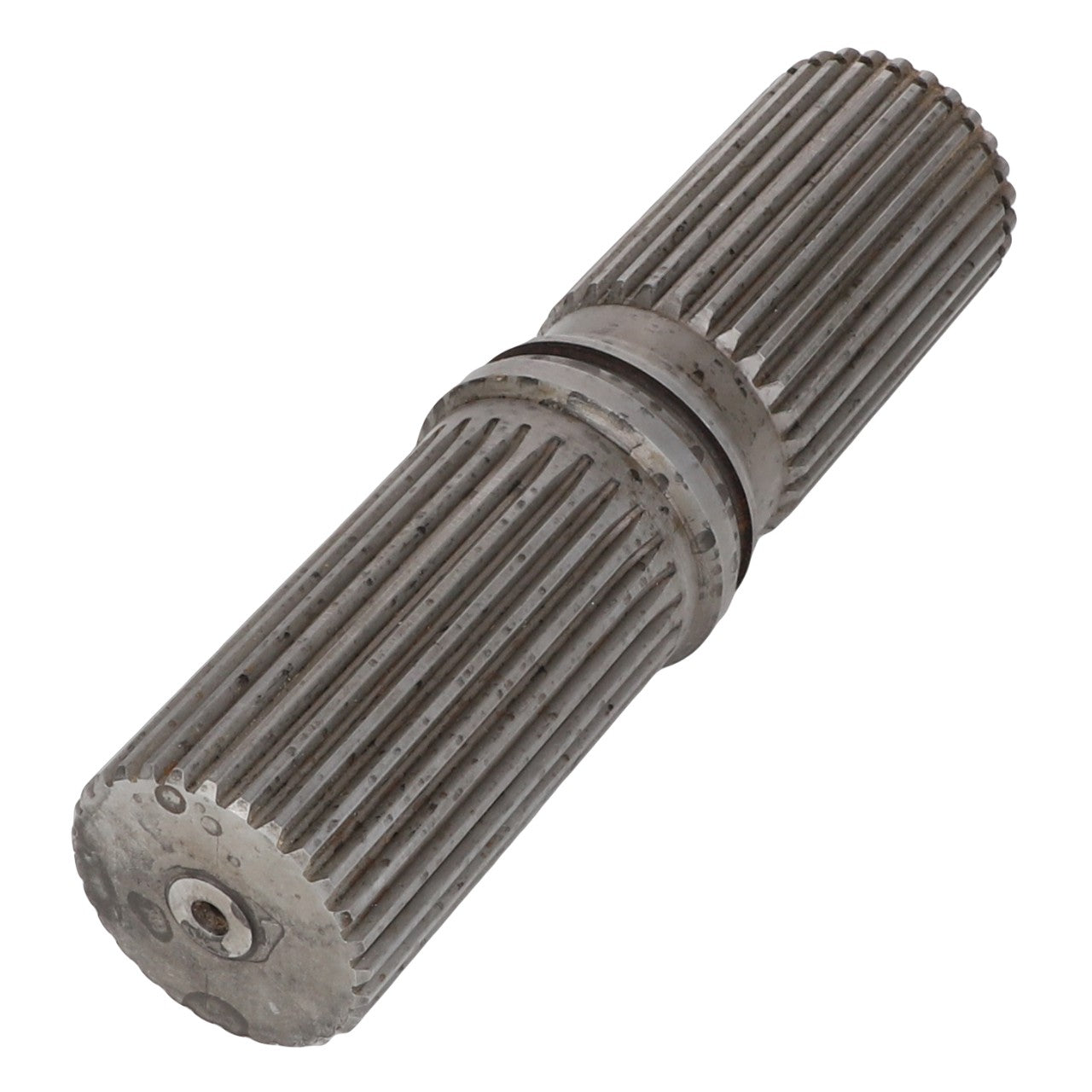 A metal cylindrical gear called the AGCO | INPUT SHAFT - AG331449 from the brand AGCO, featuring ridges and grooves along its length and connected at the center.