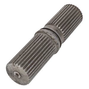 A metal cylindrical gear called the AGCO | INPUT SHAFT - AG331449 from the brand AGCO, featuring ridges and grooves along its length and connected at the center.