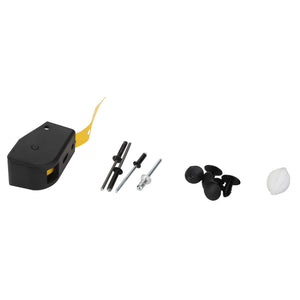 Image of an AGCO Indicator Device - F737812330040 hardware kit, including a black plastic component with a yellow extension, two black rods, a metal screw, four black clips, and a white spherical item.