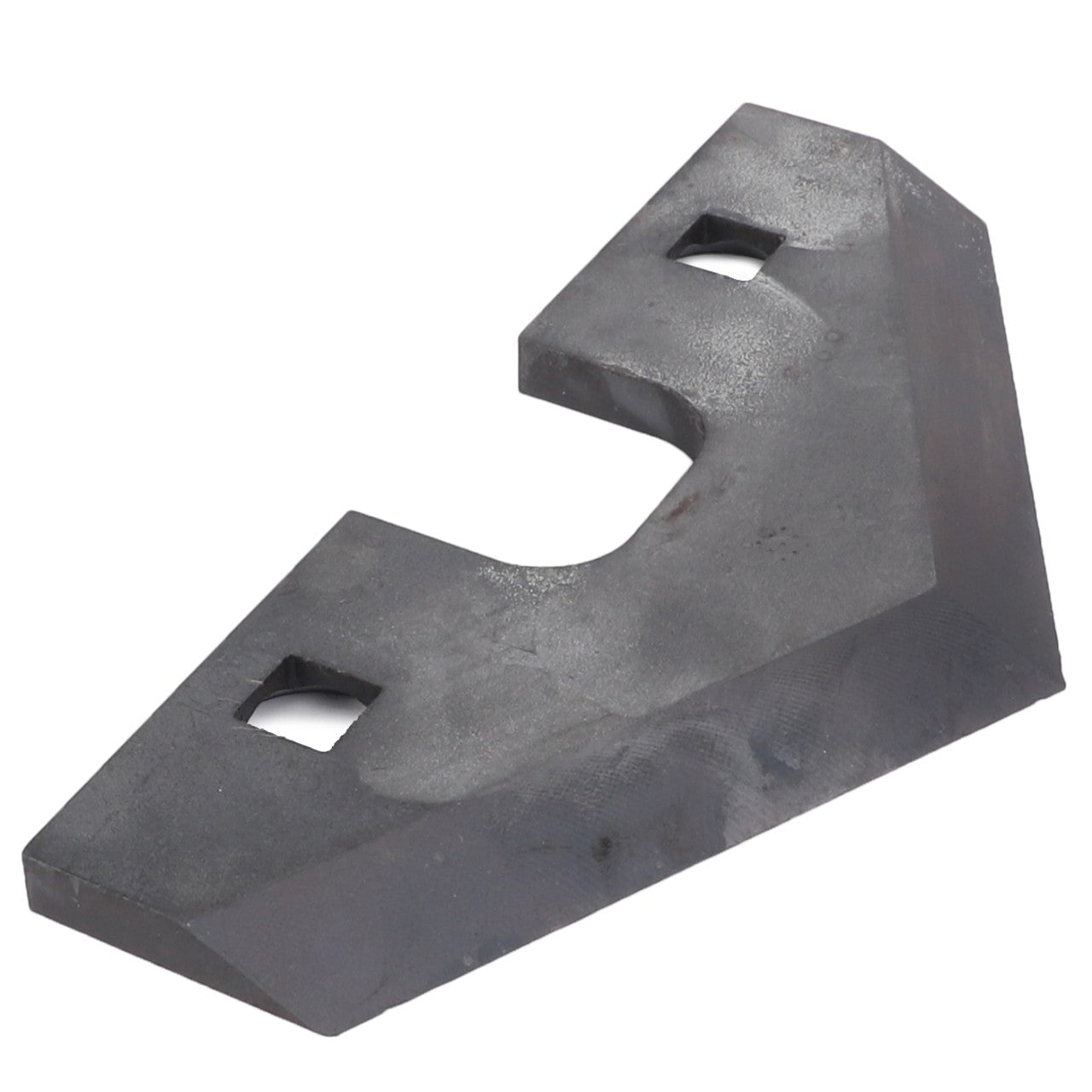 This AGCO | Stationary Knife, Baler - Acx2433400 is a triangular-shaped metal part featuring two square holes and an angled cutout. Made from the highest grades of steel by AGCO, its surface appears slightly worn.