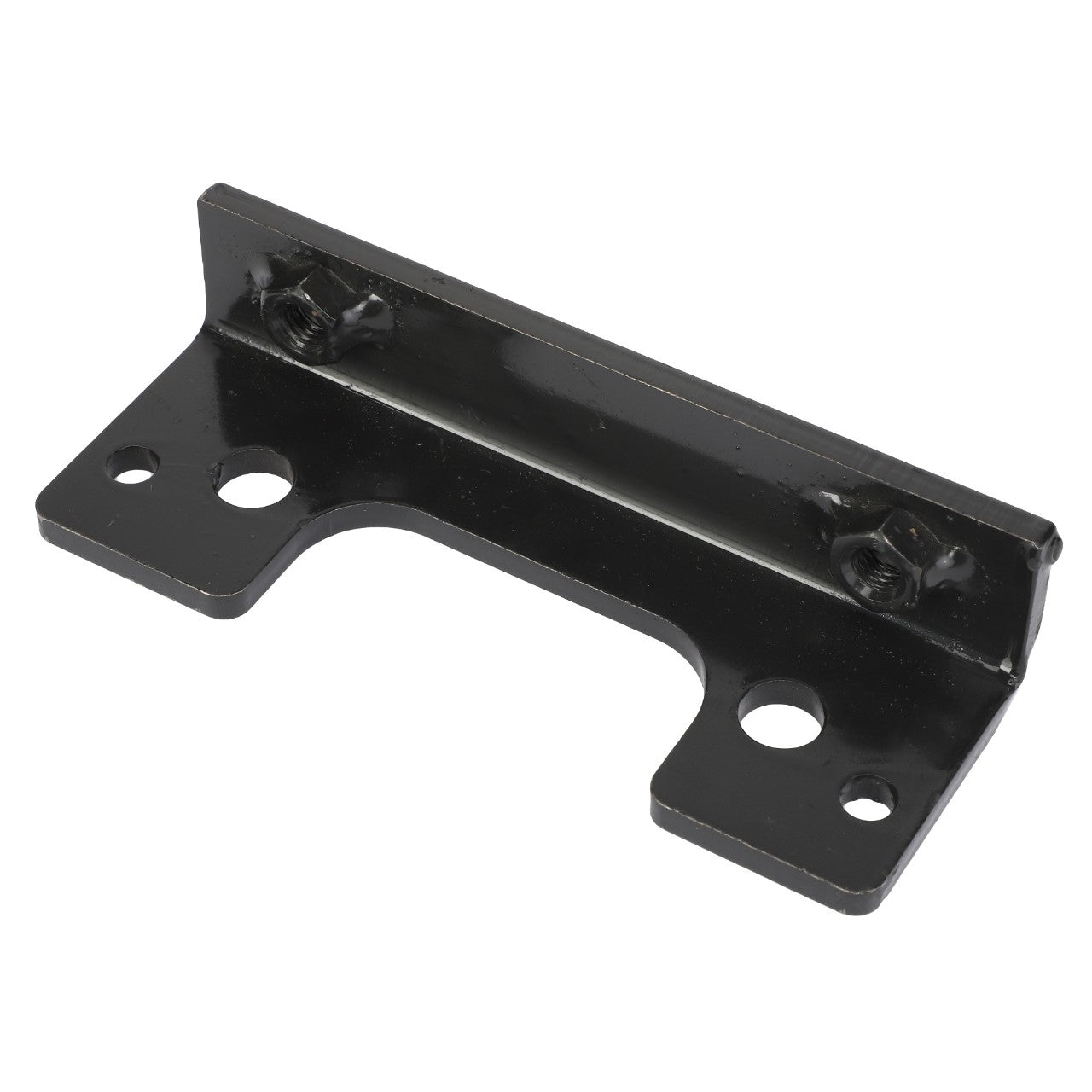 The AGCO | SUPPORT - AL5201158 is a black metal mounting bracket with multiple screw holes, specifically designed for supporting or securing an object in place.