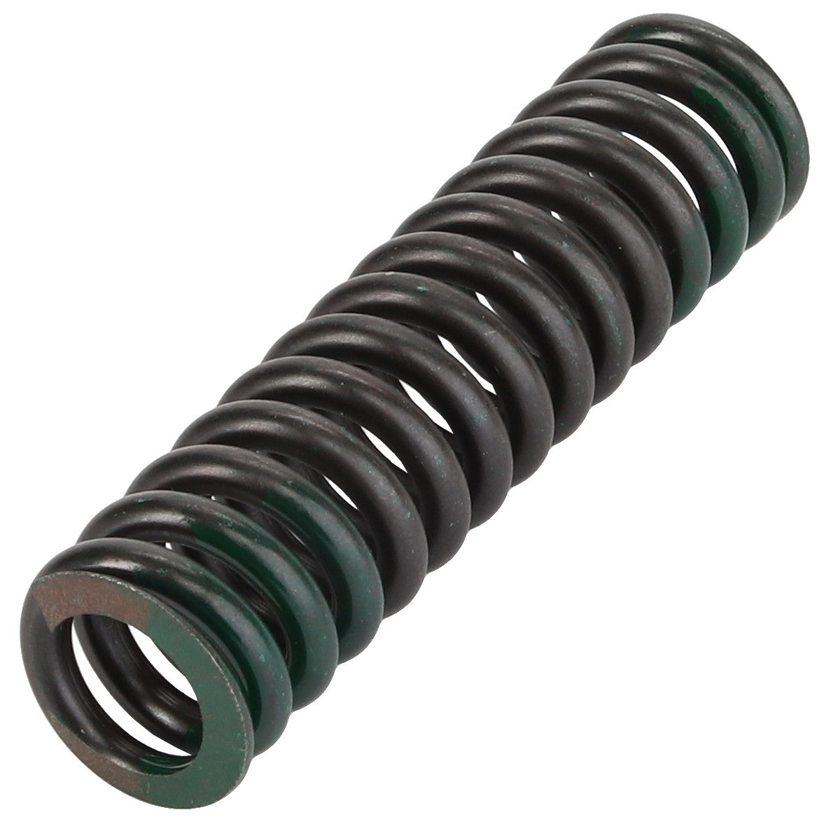 A close-up of the AGCO SPRING - AG332321, a tightly coiled metal compression spring featuring a sleek, dark finish.