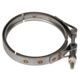 Introducing the AGCO Profile Clip - F530200100020, a metal exhaust clamp with a V-band design. Despite showing visible spots of rust and featuring a tightening bolt, it currently lacks an available product description.