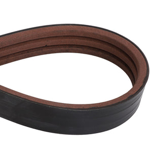 A close-up image of the AGCO Belt - Acx0070500, a black and brown automotive V-belt looped into a teardrop shape, showcasing its ribbed inner surface. No current product description information is available.