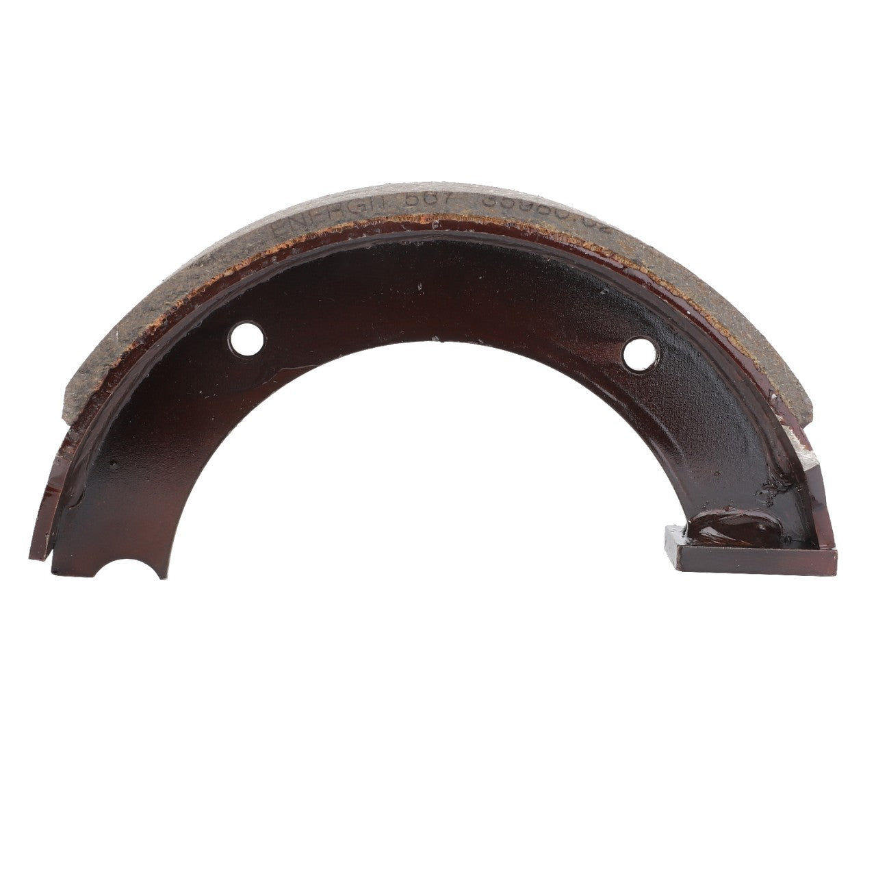 The durability of Genuine AGCO Parts designed for heavy-duty braking is exemplified by the AGCO | Brake Shoe - D46100663, a worn, semi-circular metal brake shoe equipped with two mounting holes and a brake pad attached to its curved edge.