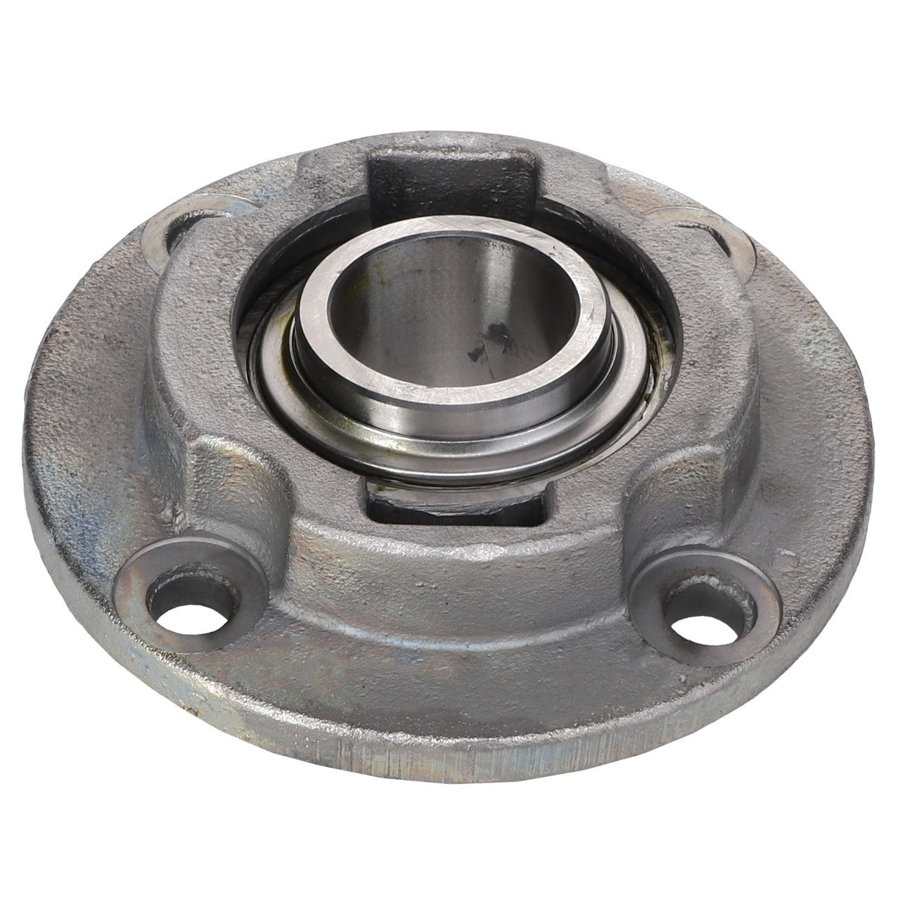 A close-up of the AGCO Bearing Housing - Acx2908640, featuring a round central opening and several mounting holes. This industrial metal component embodies the quality associated with the AGCO brand.