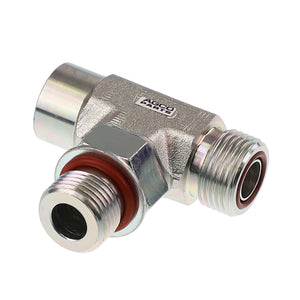 Close-up of the AGCO | TEE FITTING - CH172-5761, a metallic hydraulic hose fitting with two threaded ends and a red O-ring, showcasing its precise design and construction. Please note, no current product description information is available.