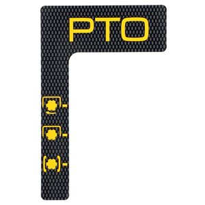 Illustration of a PTO (Power Take-Off) control panel with yellow PTO text and symbols indicating different PTO options on a dark textured background, featuring the AGCO Decal, Side Console, PTO (4296339M1), designed for clarity and durability.