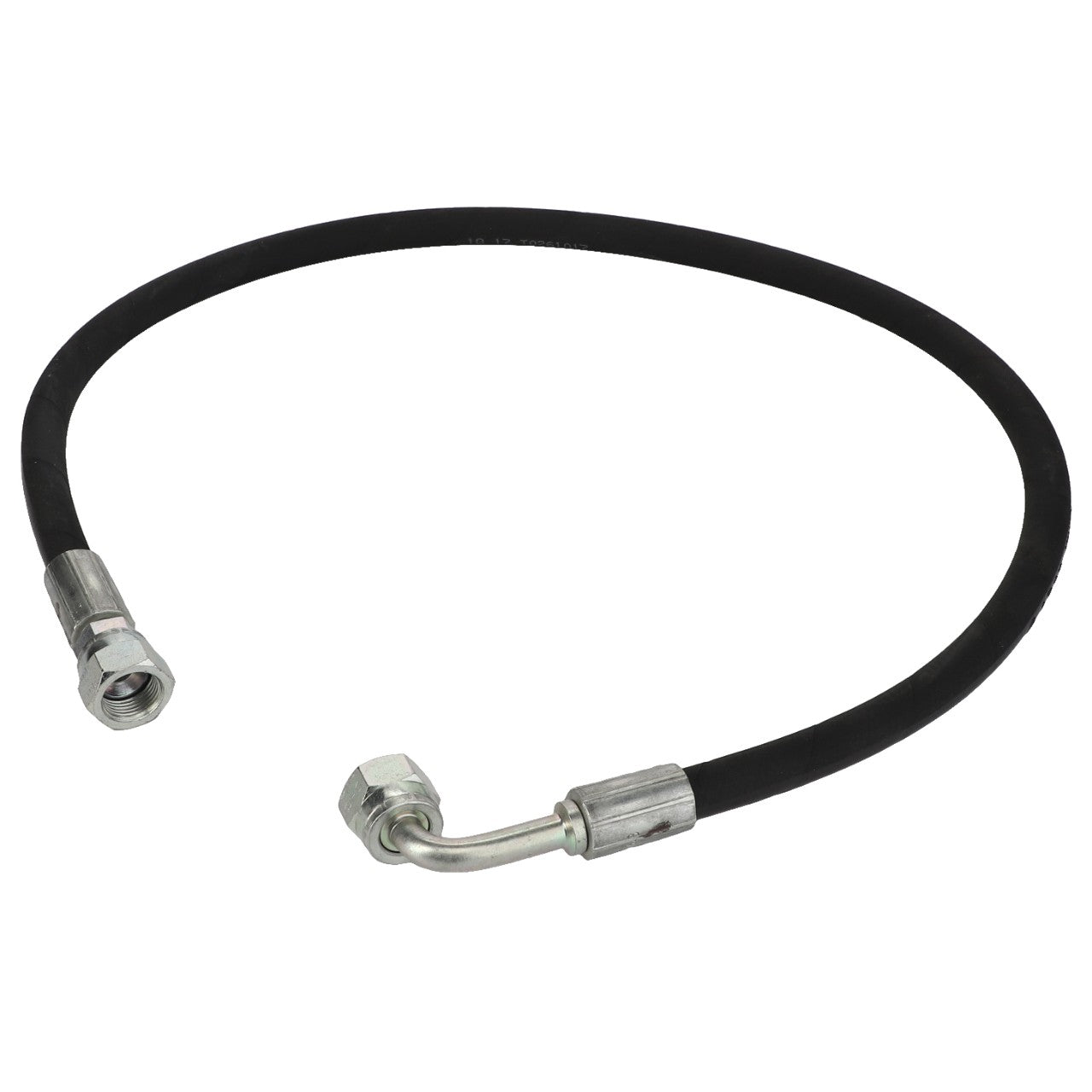 The AGCO Hydraulic Hose - Acw1861650, a black flexible hose by AGCO, features metal connectors at both ends and includes a bent section near one end.