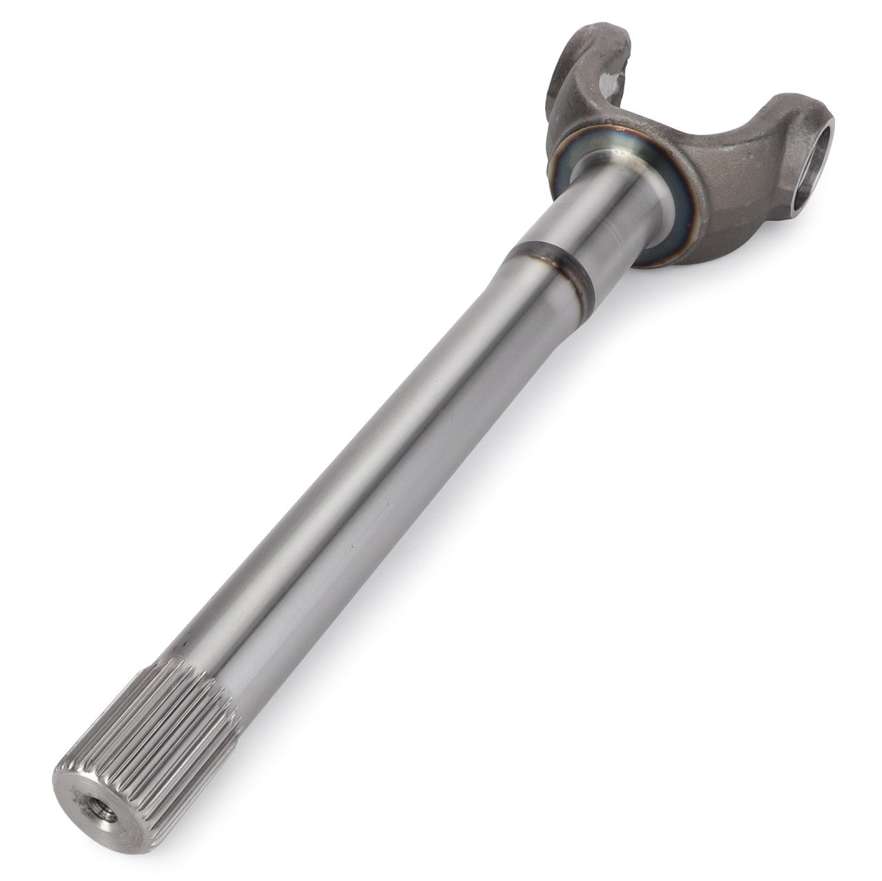 The AGCO | Fork Shaft - F184300020420 is a metallic automotive drive shaft yoke featuring a splined end and a forked opposite end, specifically designed for heavy-duty operations and efficient power transmission.