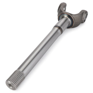 The AGCO | Fork Shaft - F184300020420 is a metallic automotive drive shaft yoke featuring a splined end and a forked opposite end, specifically designed for heavy-duty operations and efficient power transmission.