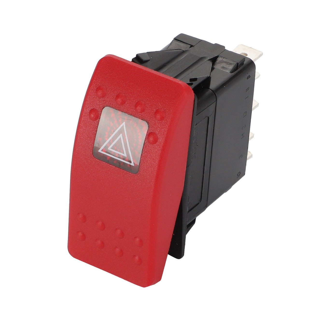 The AGCO Push-Button Switch - Acp0488380 is a black and red hazard warning switch featuring a triangle icon, commonly used in vehicles. No current product description available.