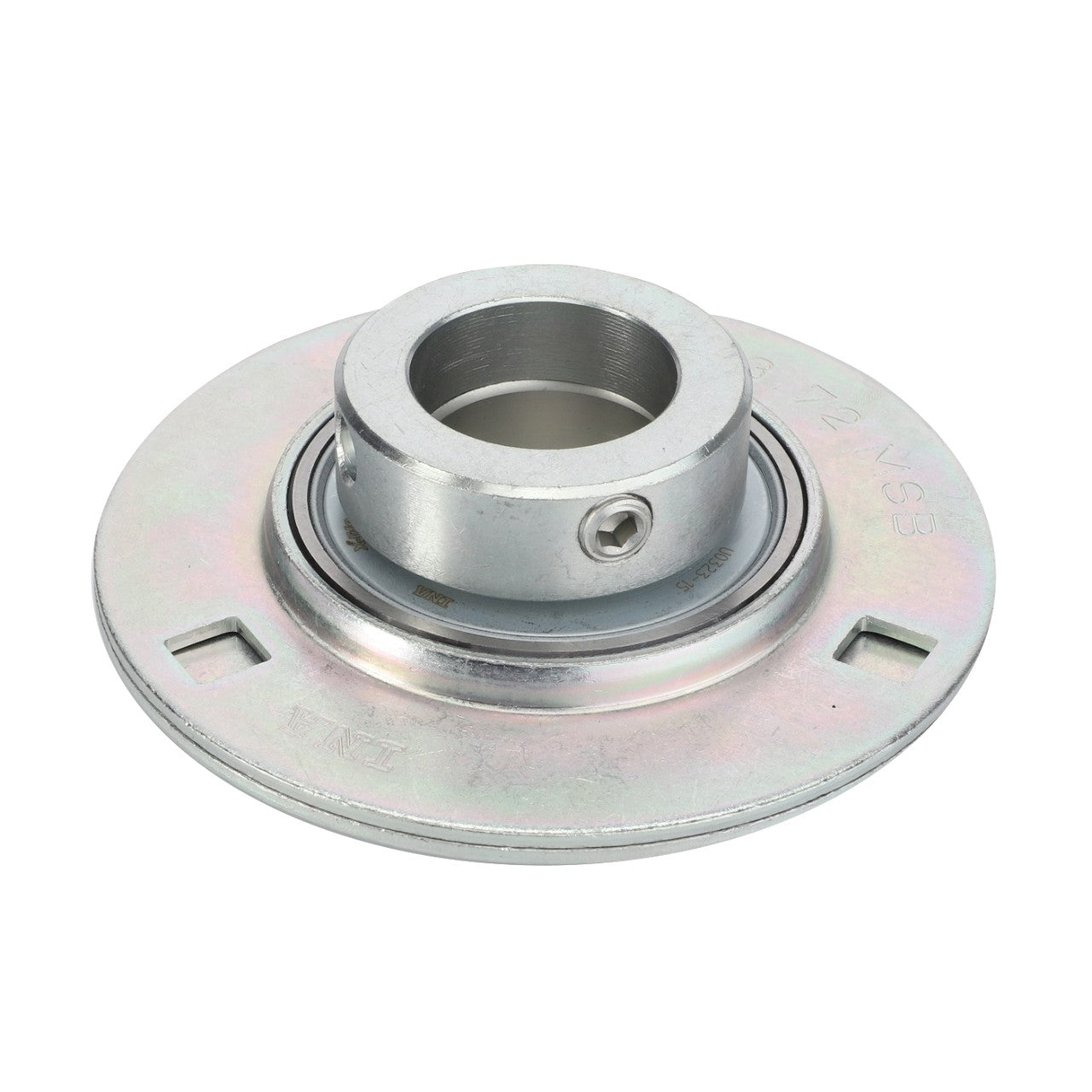 Close-up of an AGCO Bearing Flange - D41707800 with a circular base, central cylindrical opening, and multiple bolt holes for mounting. The metallic sheen on this part is ideal for use in Massey Ferguson Models, ensuring durability and precision.