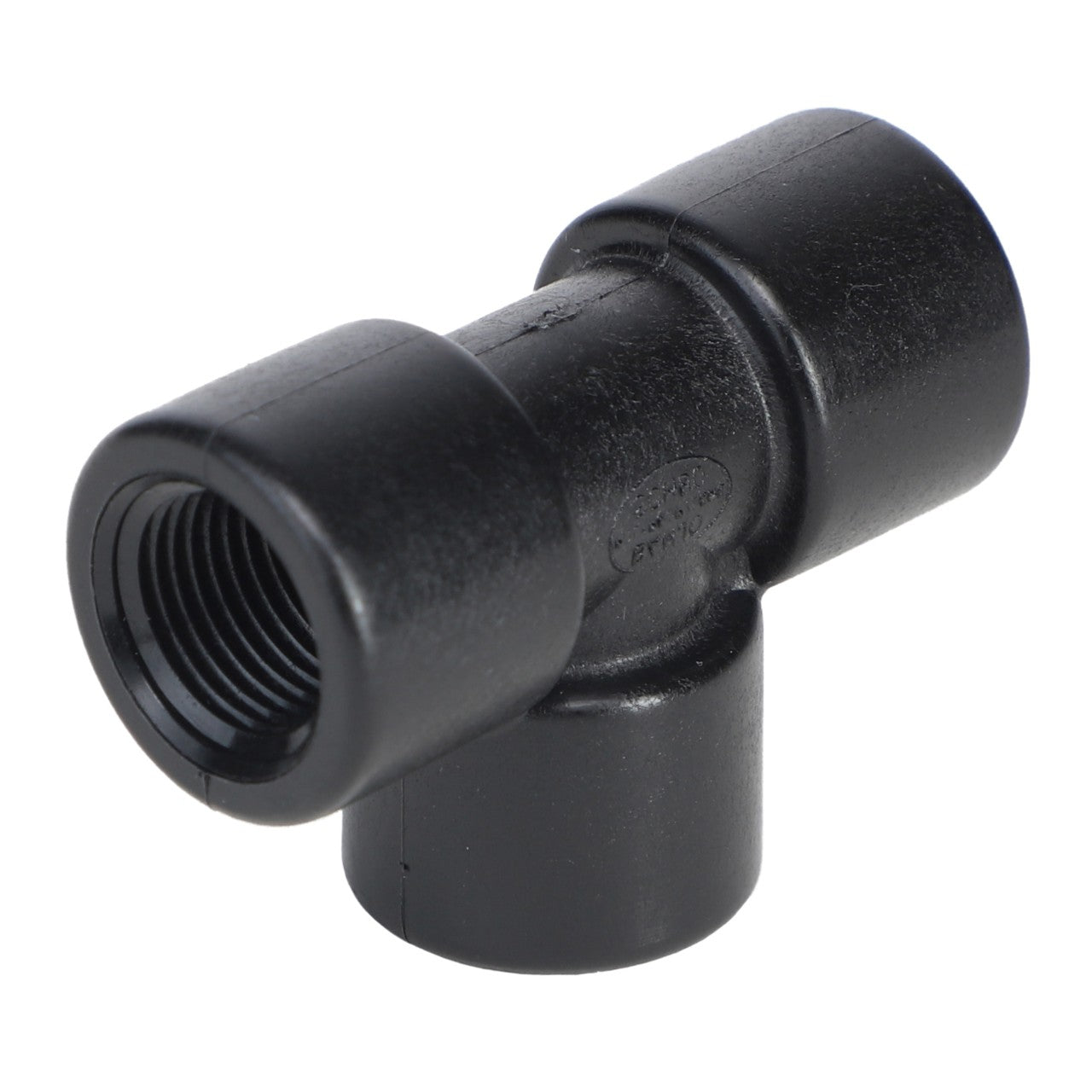 The AGCO TEE FITTING - AG516405 is a black plastic T-shaped pipe fitting with threaded female connections on all three ends. No current product description information is available.