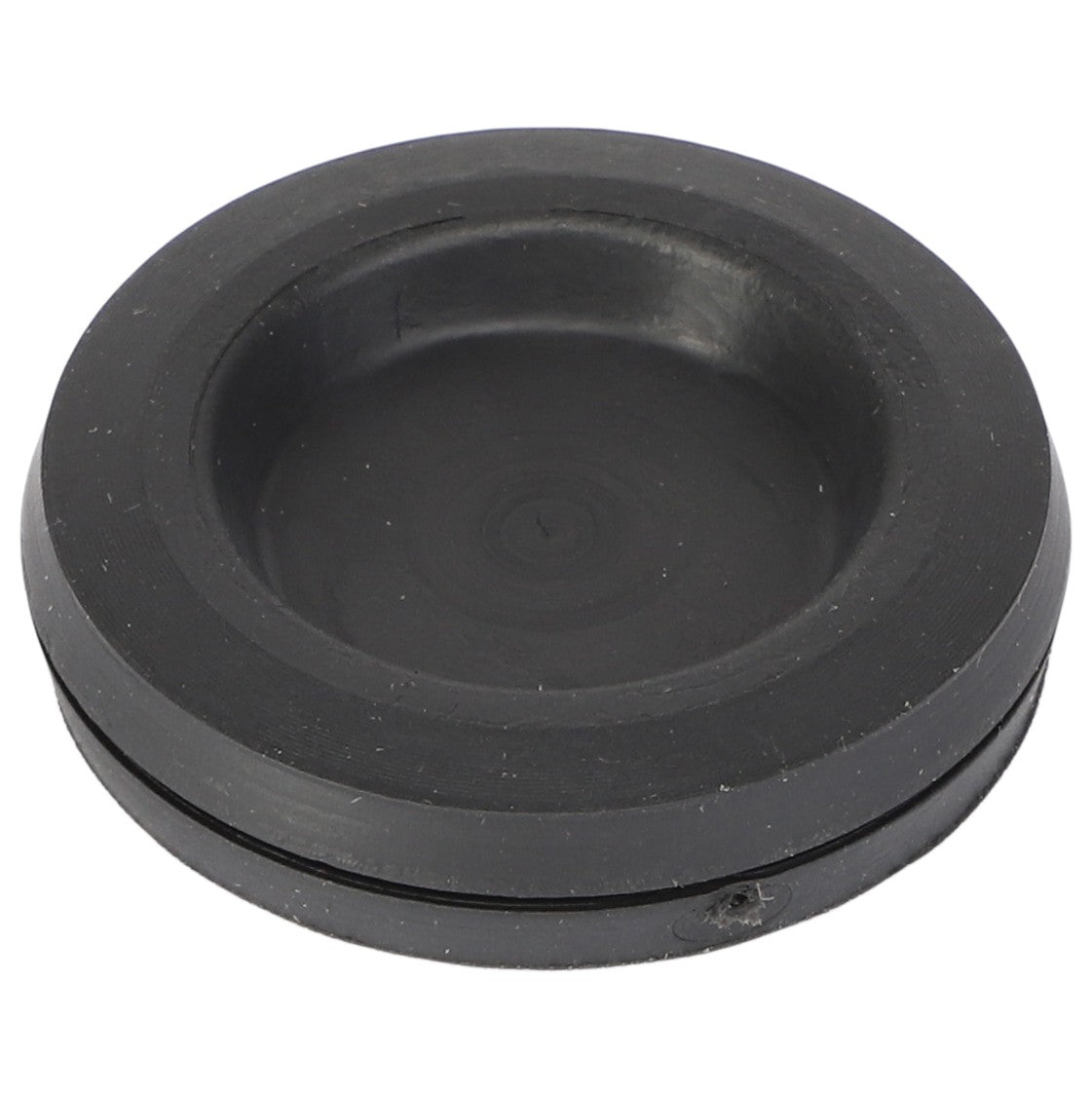 Currently, there is no detailed product description available. However, it seems to be the AGCO RUBBER INLET - V30176200, a round, black rubber grommet featuring a slightly indented center and a raised edge.