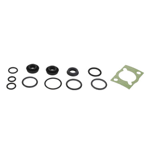 A Fendt Seal Kit Trailer Brake Valve (F716950030010) from AGCO, featuring black rubber O-rings of various sizes and a green gasket, commonly used in Vario and Massey Ferguson models, arranged in a straight line on a white background.