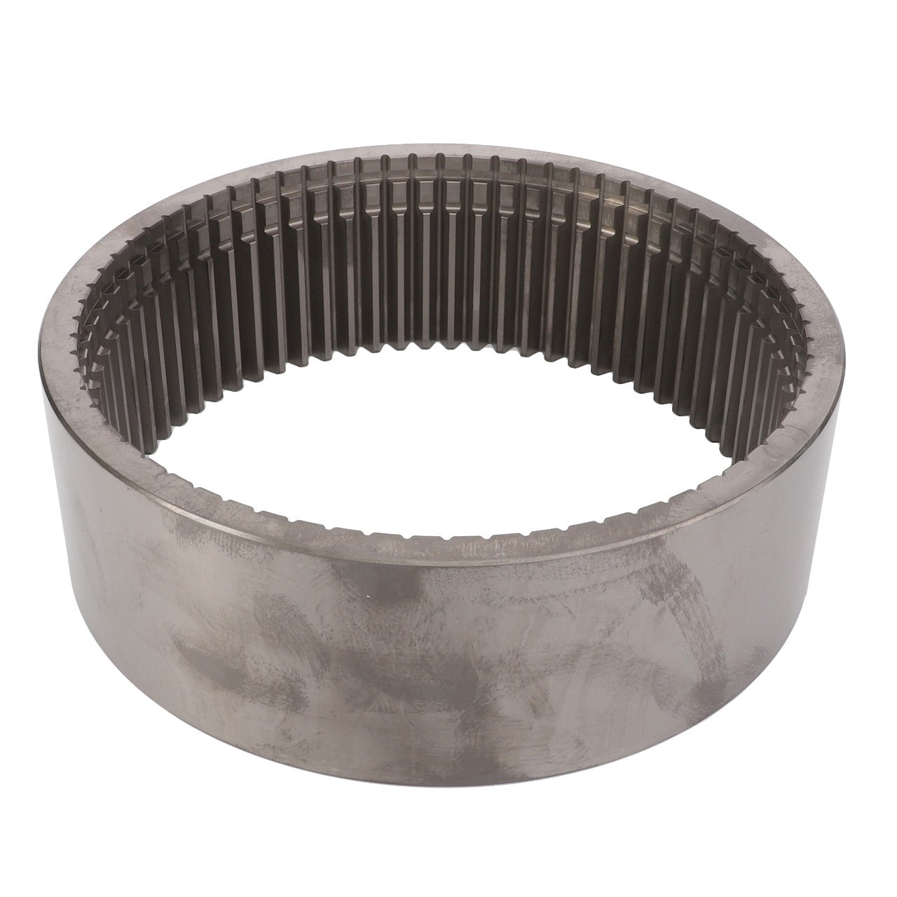 The AGCO | Ring Gear - F411301021320 is a metallic, cylindrical annular gear ring with teeth on the inner circumference.