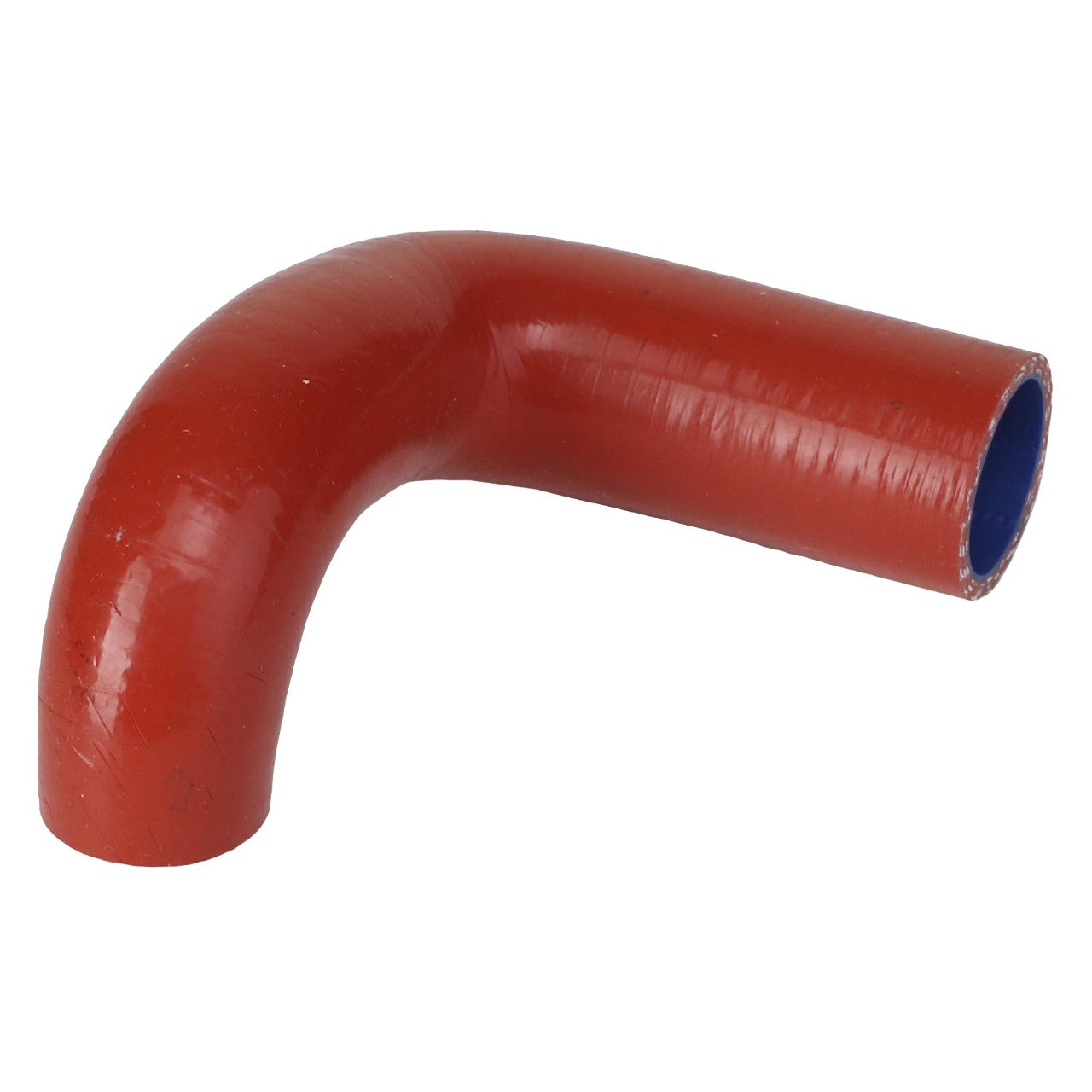 A red, 90-degree elbow silicone hose with a smooth surface and open ends, branded as AGCO Rubber Elbow - Acw337944A.