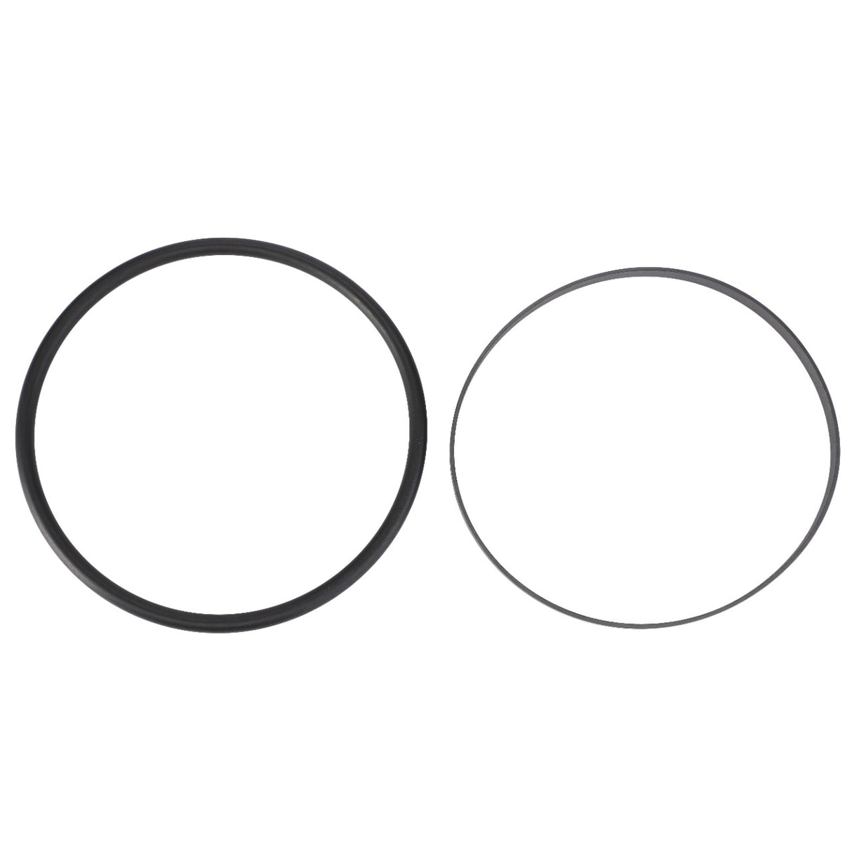 The AGCO O-Ring - F718301020210 set features two circular rings on a white background, expertly crafted from high-quality materials. One ring is black and thick, while the other is thin and gray.