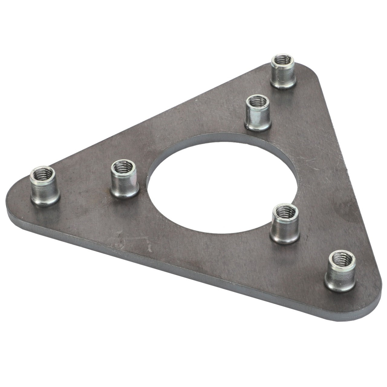 The product listed is the AGCO BEARING PLATE - D28283847, featuring a triangular metal plate with a large circular hole in the center and six threaded cylindrical protrusions around its edges; however, no detailed product description information is available.