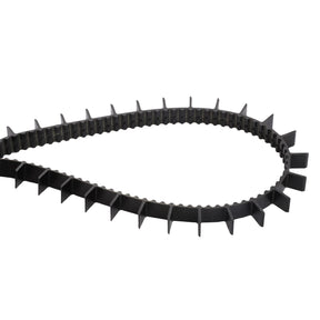 Image of the AGCO Seed Delivery Belt, Precision Planting Speedtube - Acw1441740, a black rubber timing belt with multiple teeth, seamlessly forming an elongated loop on a stark white background.