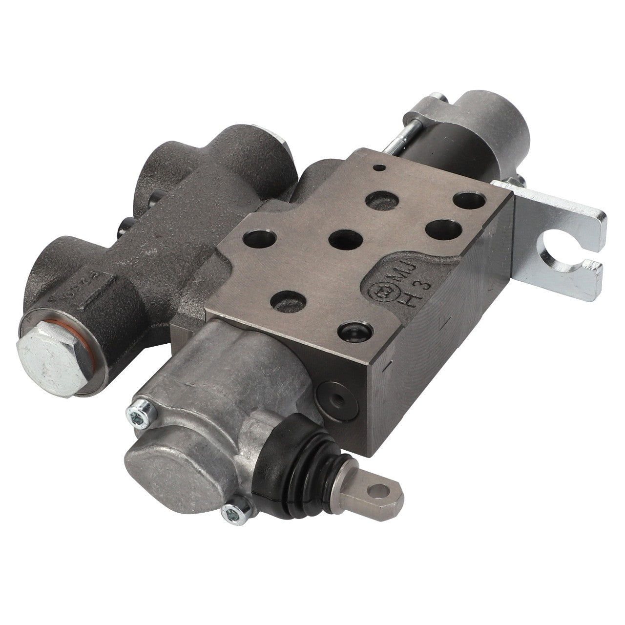 No current product description available for the AGCO | Valve - Acp0336150, a metallic, industrial hydraulic valve assembly with multiple ports and cylindrical components, meticulously designed for fluid control in machinery.