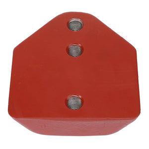 Product Description: The AGCO | Stop - 4389017M1 by AGCO is a red, triangular industrial component featuring three threaded holes aligned vertically.