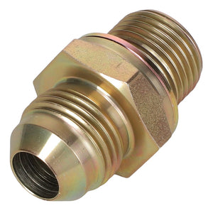 The AGCO REDUCING UNION - AL5027978 is a brass male threaded pipe fitting with two hexagonal nut sections, ideal for securely connecting pipes or fittings in fluid or gas systems.