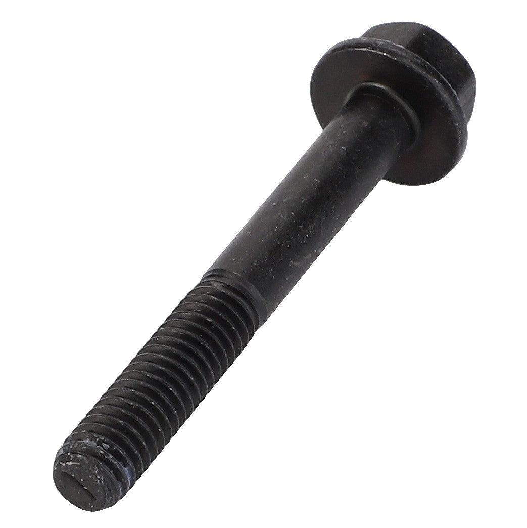 The AGCO Slotted Hex Flange Head Screw - Acw2920460 is a black hex flange bolt featuring a threaded bottom and a smooth top section. It is designed for fastening in various machinery and applications, providing durable, reliable connections and optimal performance in numerous mechanical setups.